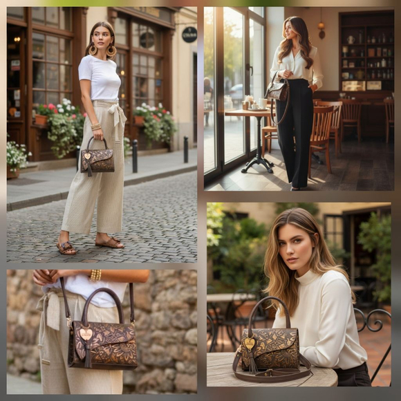 Dark Brown Gold Sunflower Embossed Tooled Artisan LEATHER Crossbody bag - Picture 13 of 15